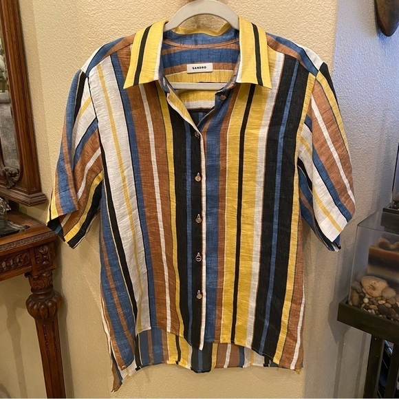 NWT~SANDRO Women Bronx Striped Linen Blend Button Short Sleeve Top Size 3(L) - Picture 1 of 15